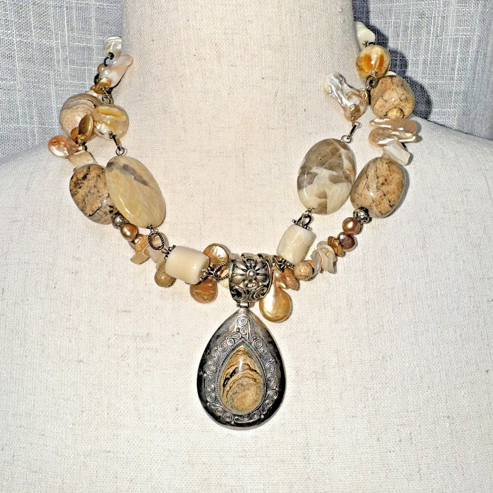 Vintage Sterling Silver Mother of Pearl Jasper‎ Necklace Womens OS Tan Bohemian